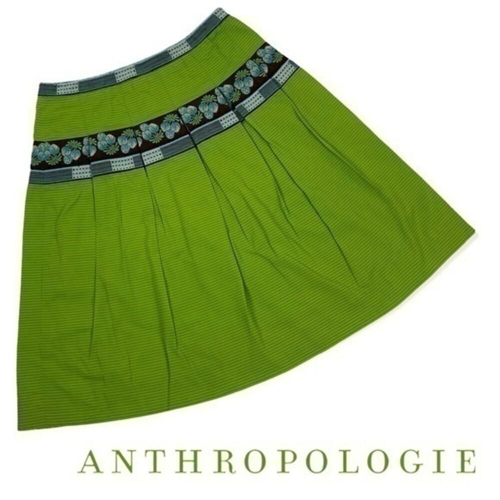Anthropologie Etcetera Green Cotton GirlCore  Pleated Skirt Size 2
